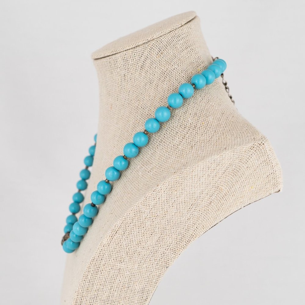 Necklace with Silver & Marcasite Turquoise Colored Beaded Round Tested Southwest - Picture 2 of 5